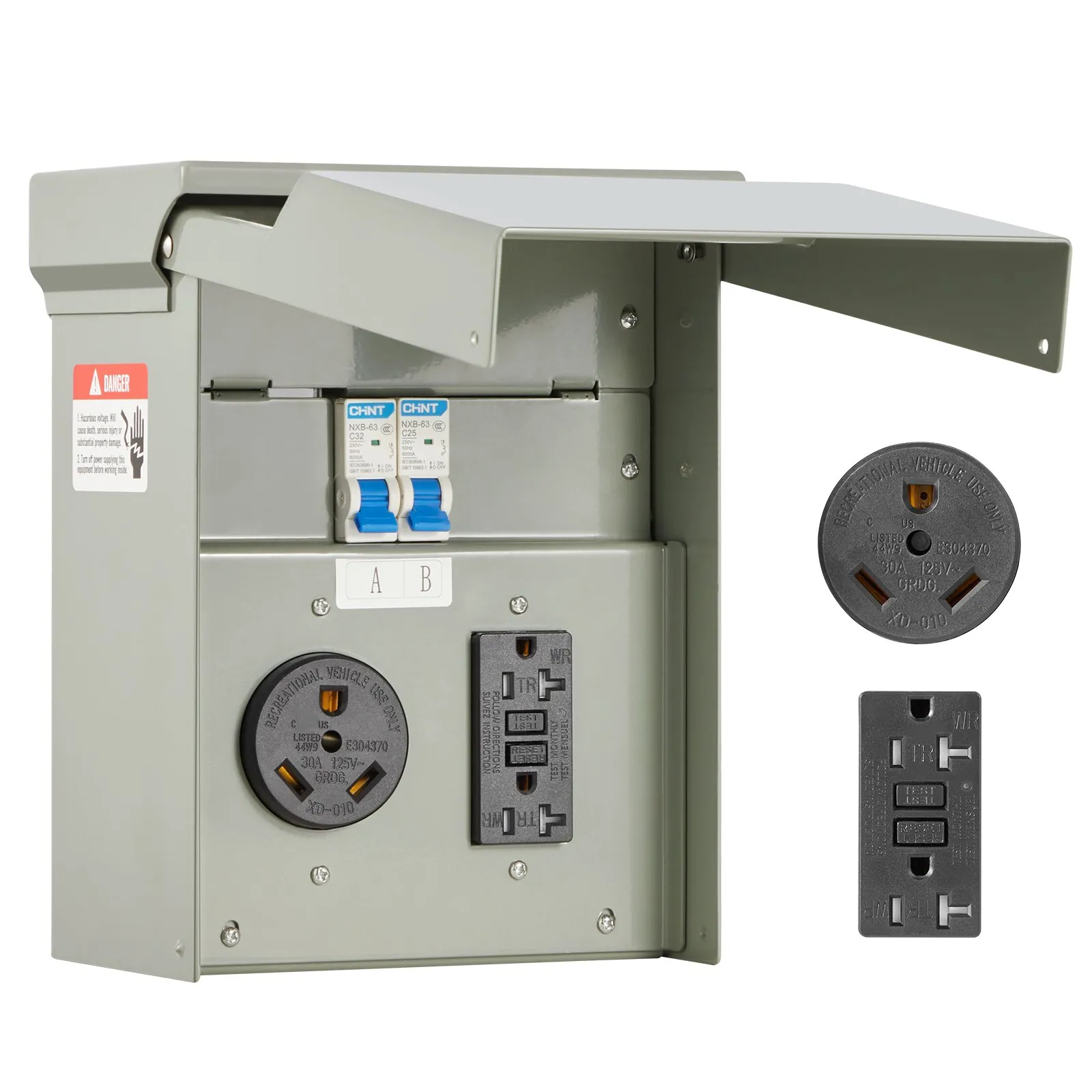 Temporary Power Outlet Panel 20/30 Amp, RV EV Pre-Wired IP54 Weatherproof Box
