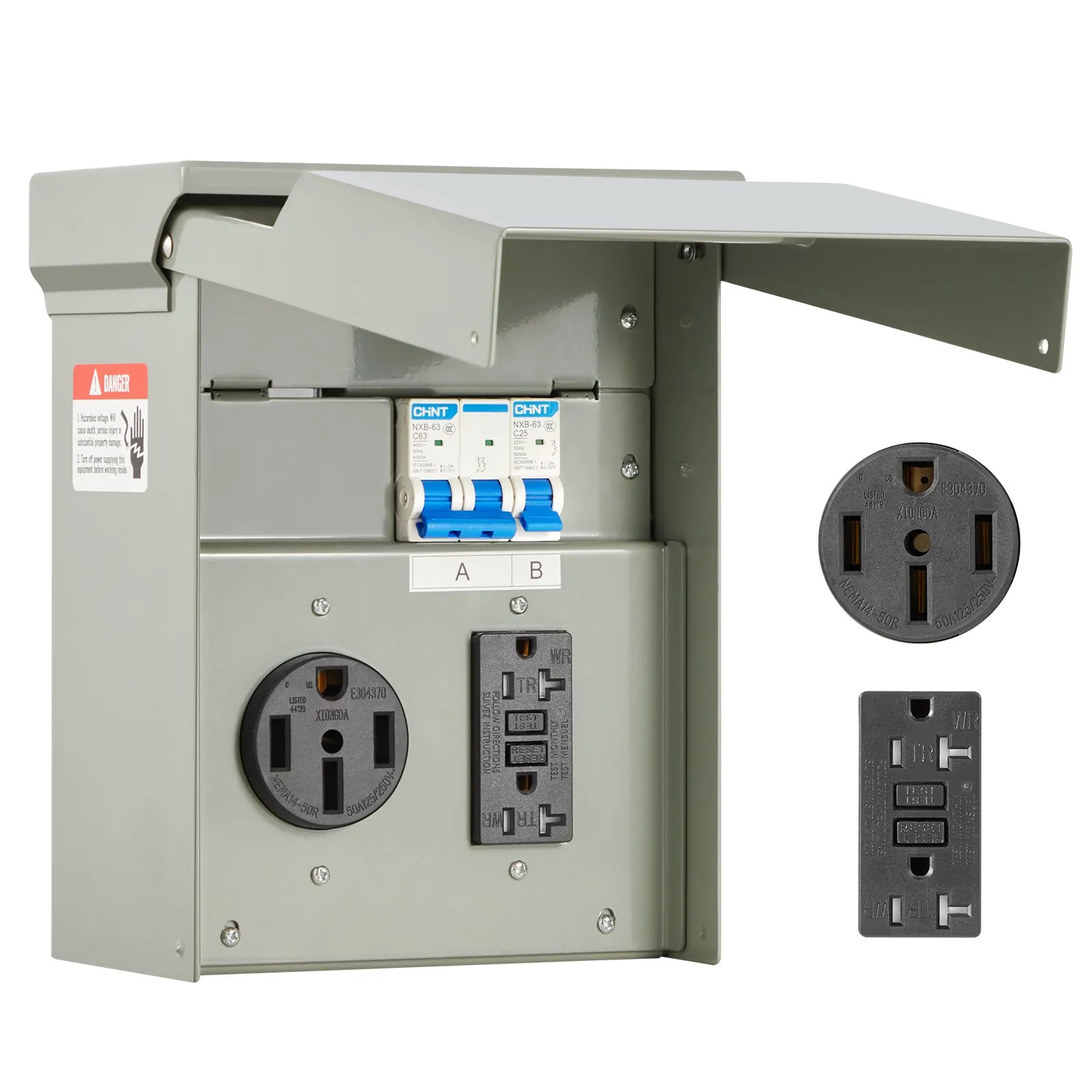 Temporary Power Outlet Panel 20/50 Amp, RV EV Pre-Wired IP54 Weatherproof Box