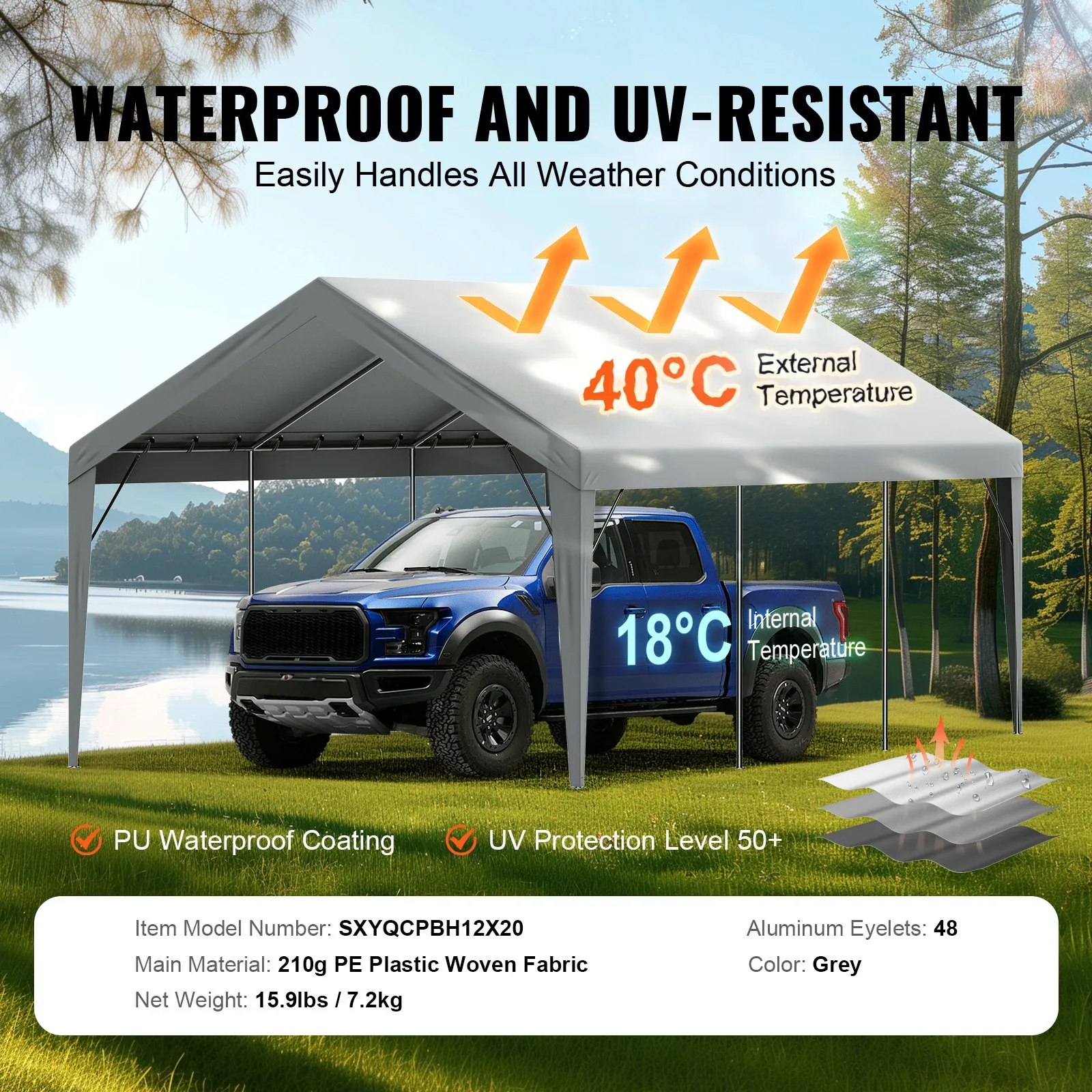 12x20 ft Replacement Carport Canopy Cover, Waterproof UV Top Tarp Only, No Frame - Bild 3 von 12