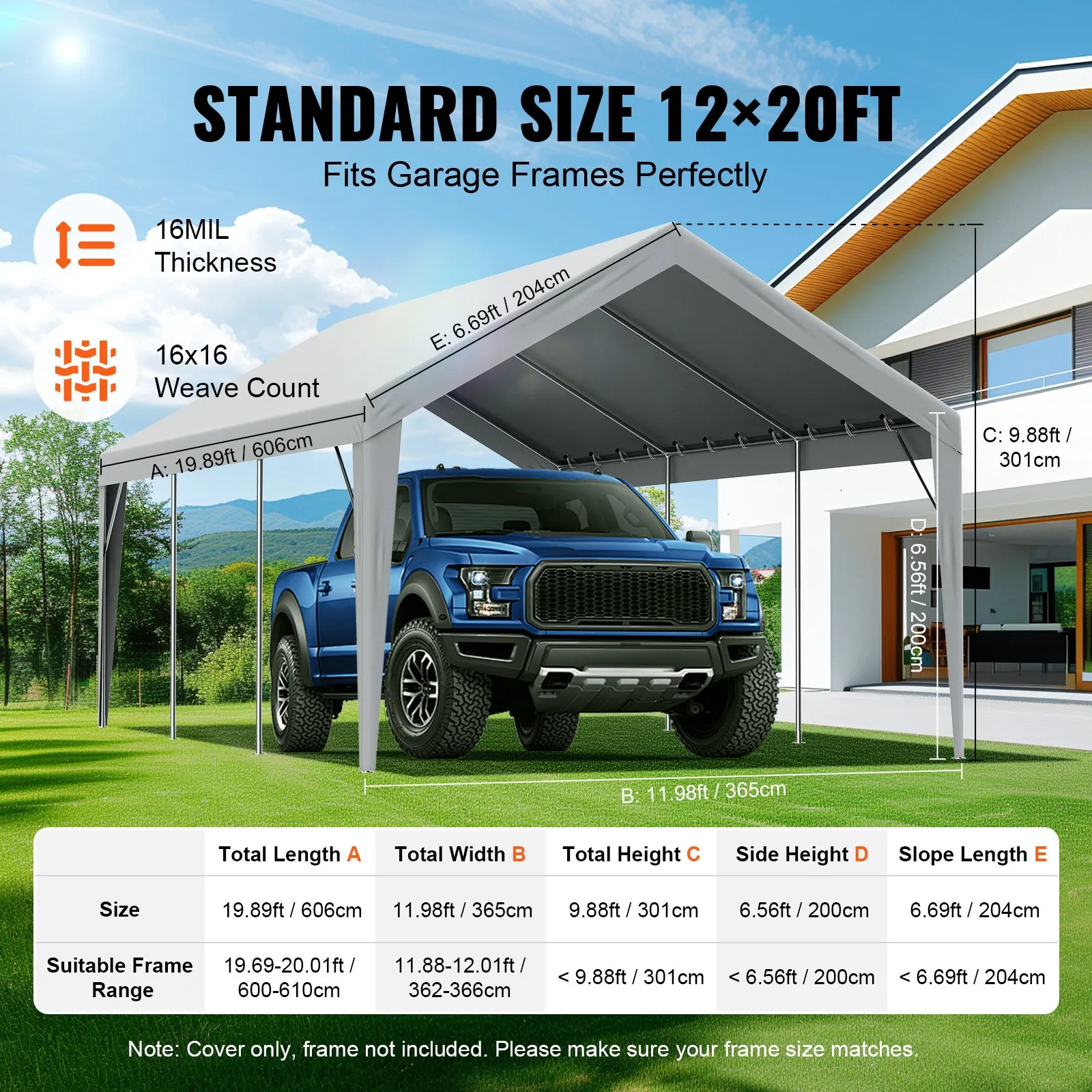 12x20 ft Replacement Carport Canopy Cover, Waterproof UV Top Tarp Only, No Frame - Bild 4 von 12