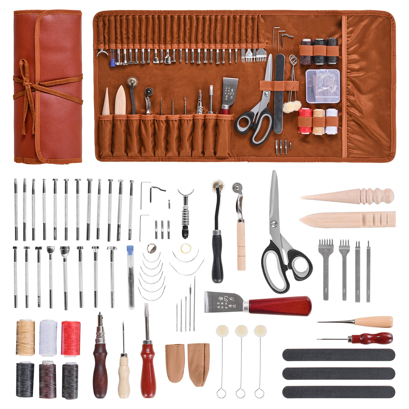 Leather Working Tools Kit 72 PCS Engraving Punching Stamping Sewing Tools