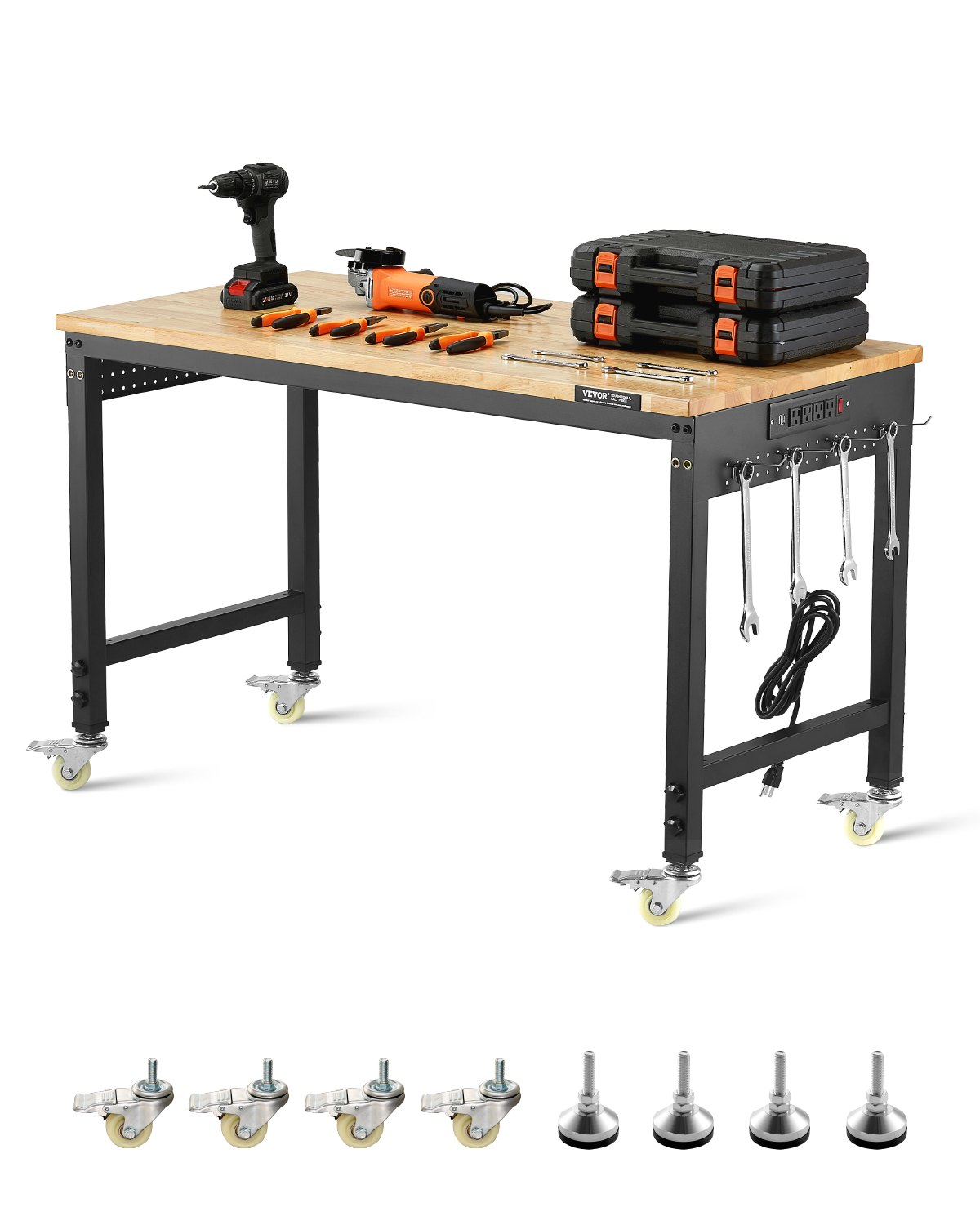 48" Workbench on Wheels Adjustable Height Table with Power Outlet & Pegboard