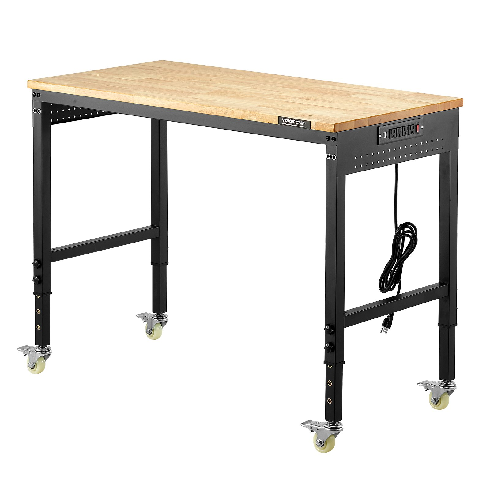48" Workbench on Wheels Adjustable Height Table with Power Outlet & Pegboard