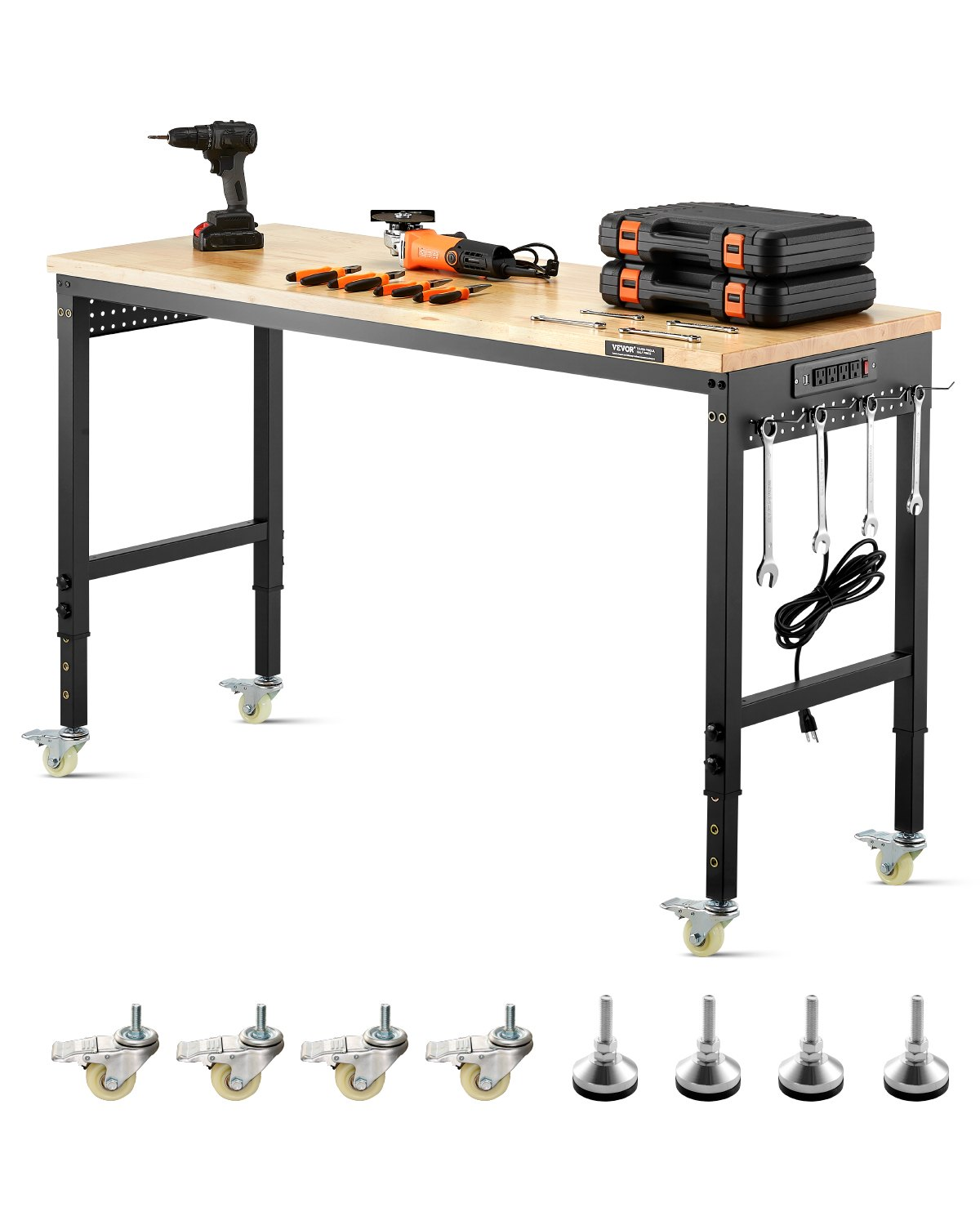 60" Workbench on Wheels Adjustable Height Table with Power Outlet & Pegboard