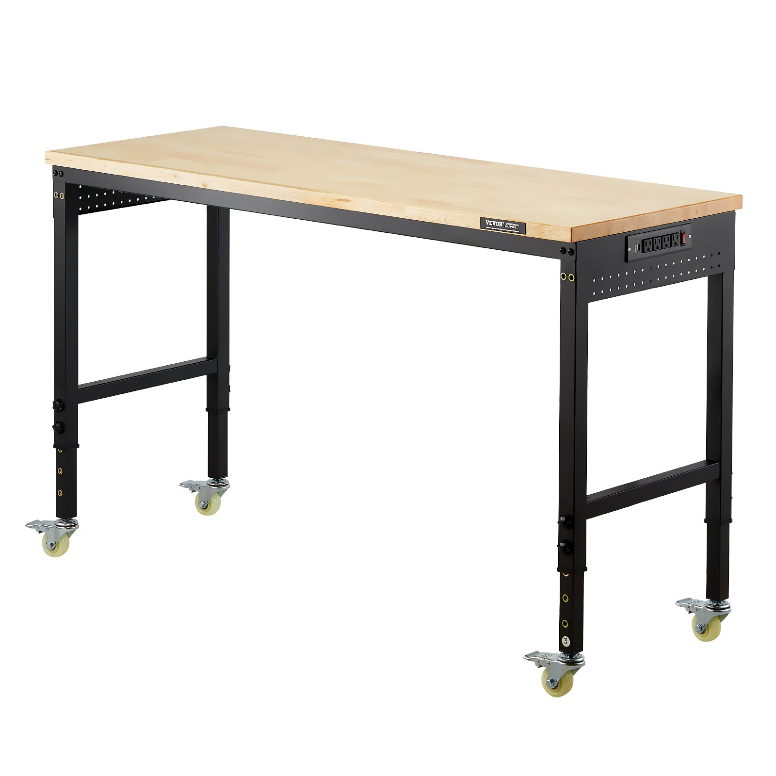 60" Workbench on Wheels Adjustable Height Table with Power Outlet & Pegboard
