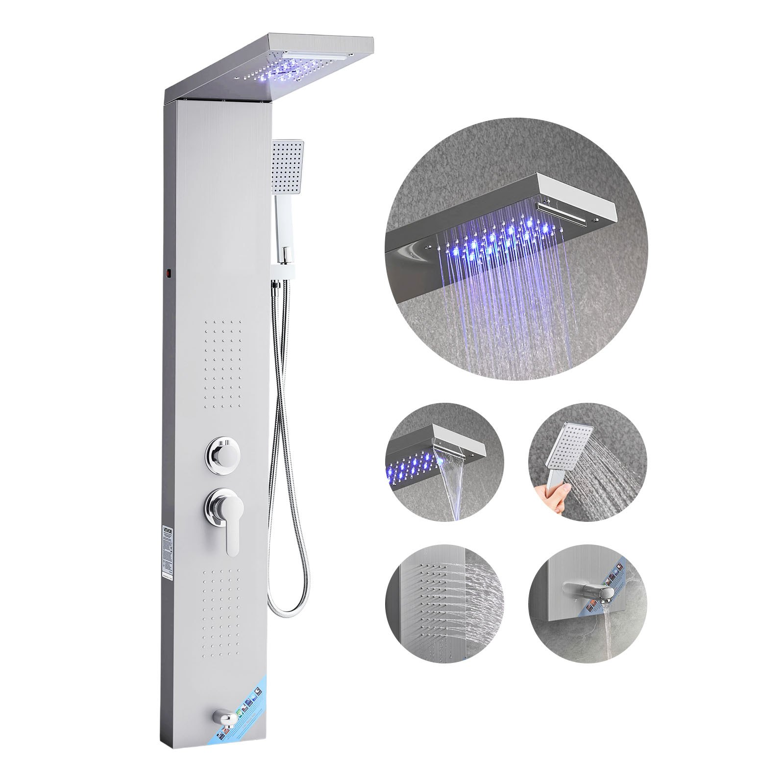 Shower Panel Tower System Stainless Steel Column Rainfall Waterfall Head 5 Modes