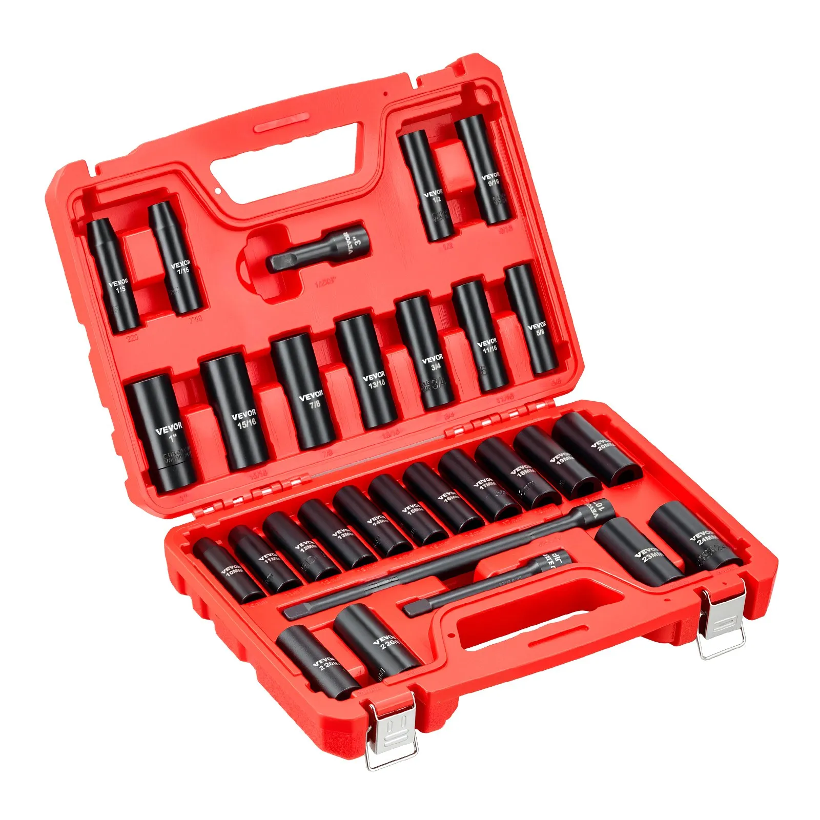 1/2 in Drive Impact Socket Set 29-Pc, SAE & Metric Deep Sockets, Cr-V Case
