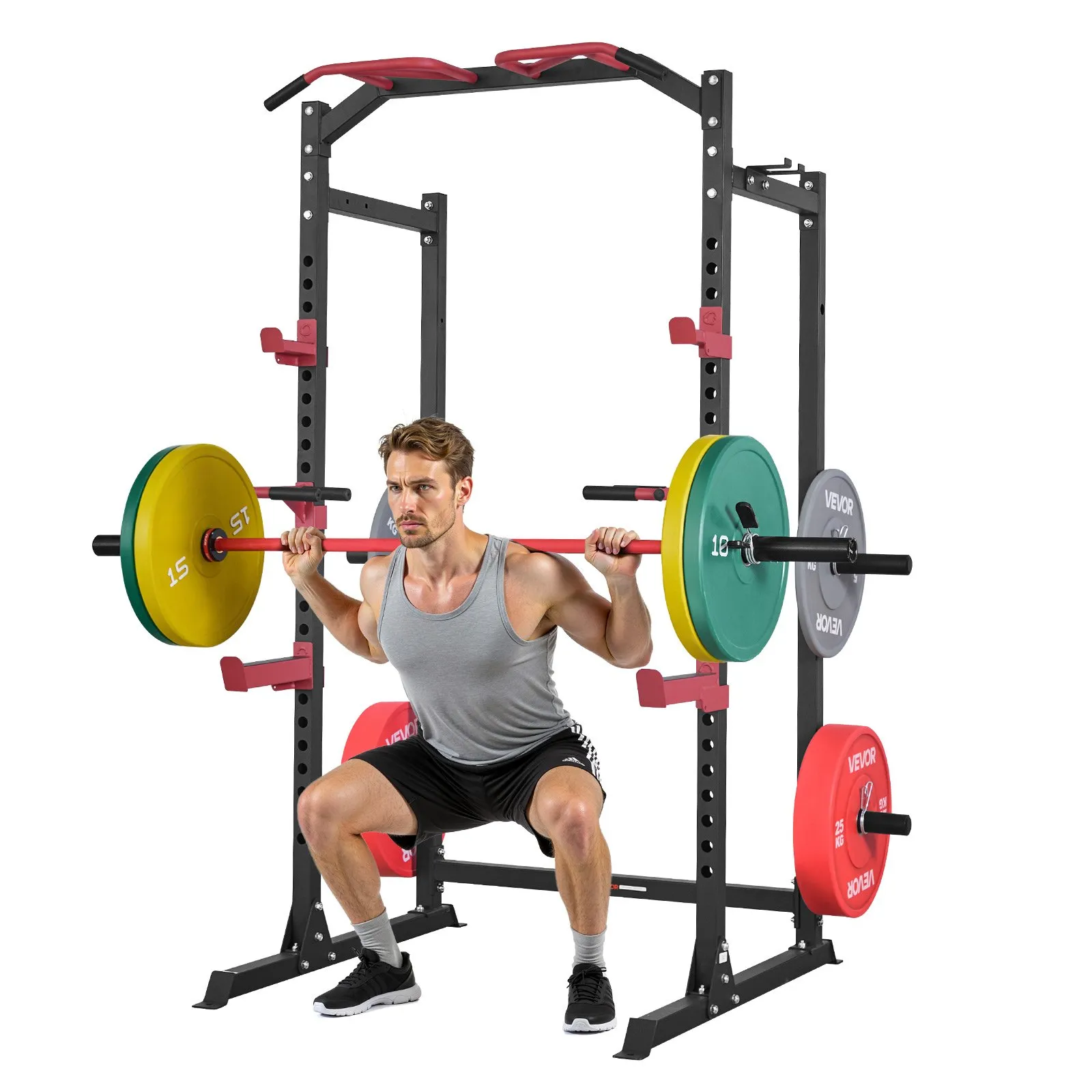 Power Cage Rack Adjustable Squat Rack w/ J-Hooks Pull-Up Dip Home Gym
