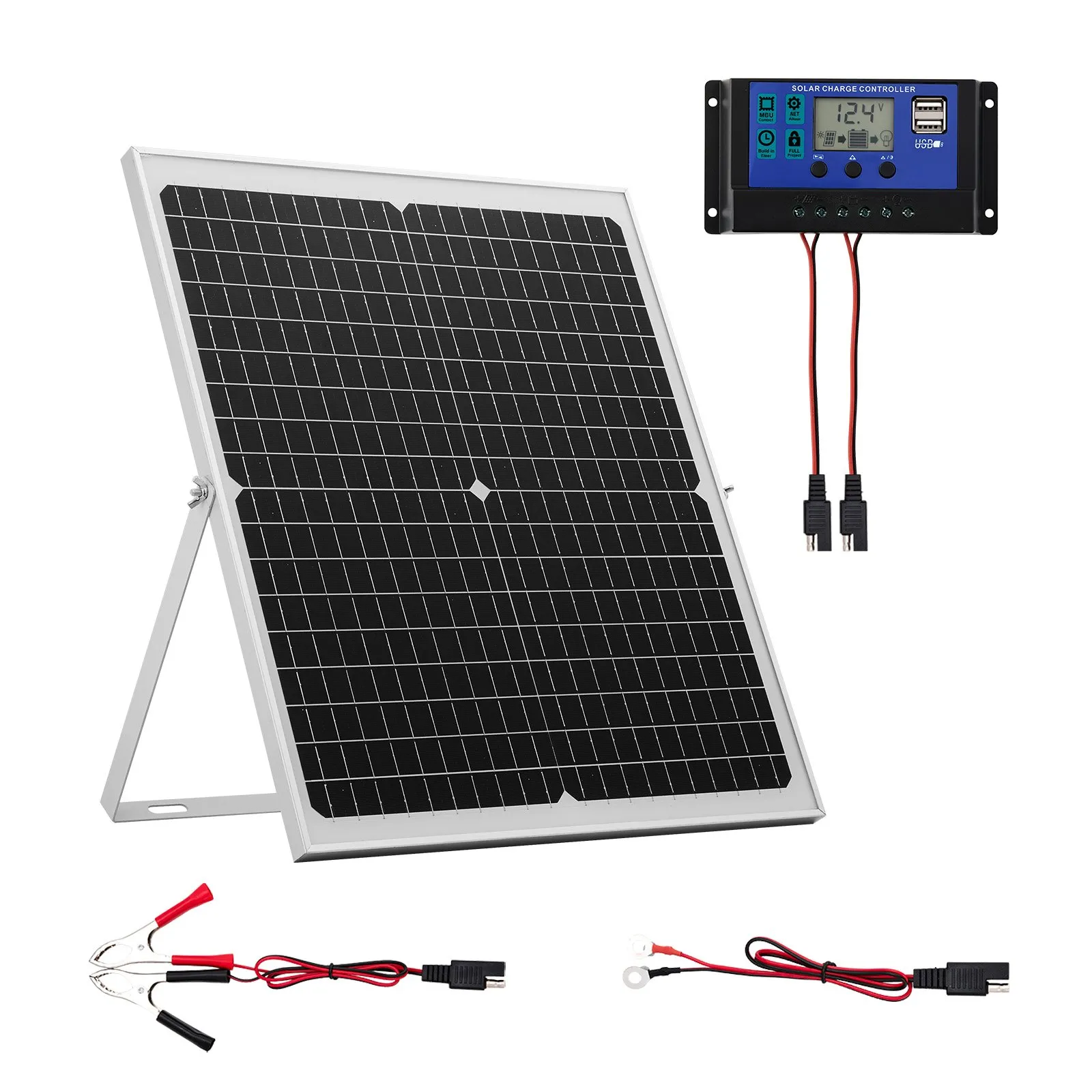 30W 12V Solar Panel Battery Charger Trickle Maintainer w/ MPPT IP67