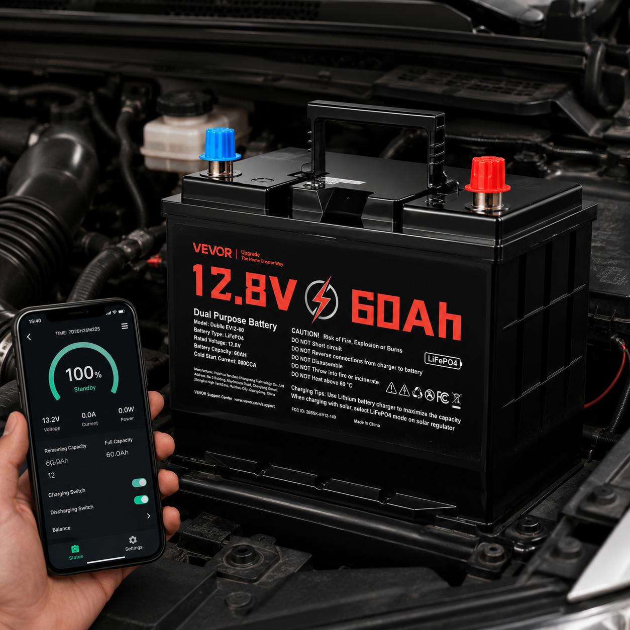 12V 60Ah Dual Purpose LiFePO4 Lithium Battery, 800 CCA Group 24