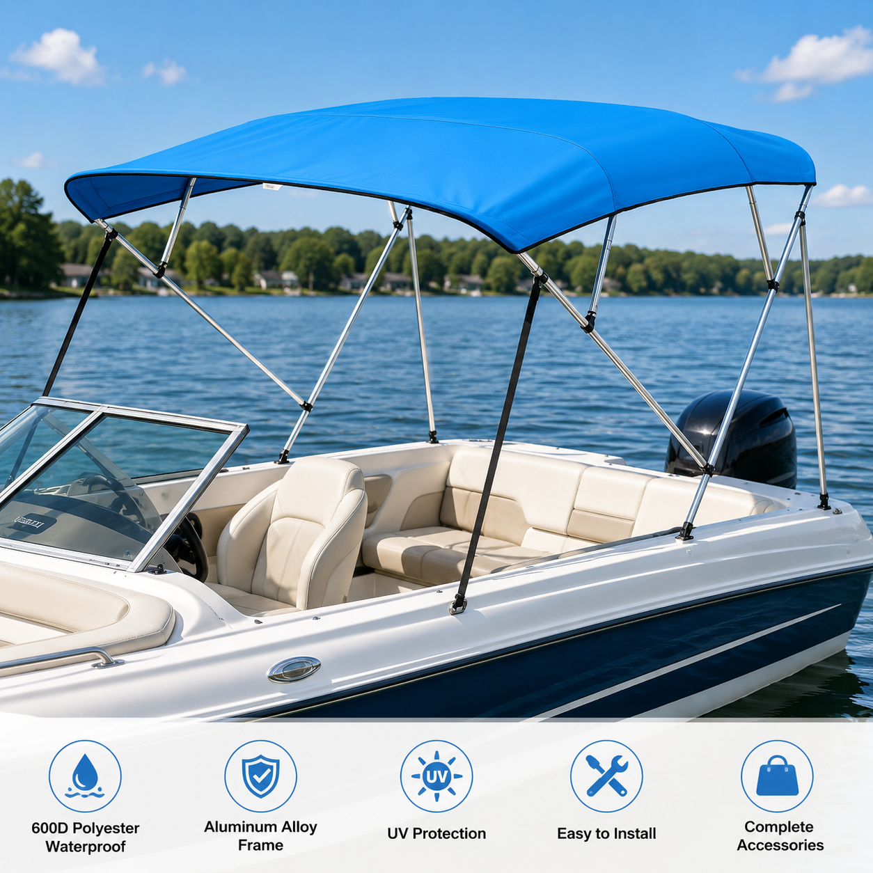 4 Bow Boat Bimini Top 600D Canopy with Aluminum Frame 96 x 67-72 in Blue